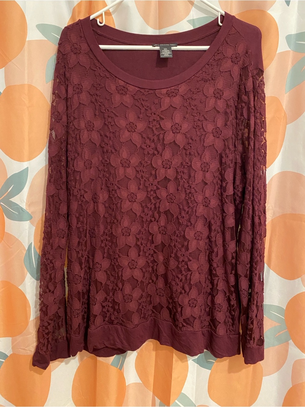 Adrianna Papell Women's Burgundy Lace Long-Sleeve Top Size 2X